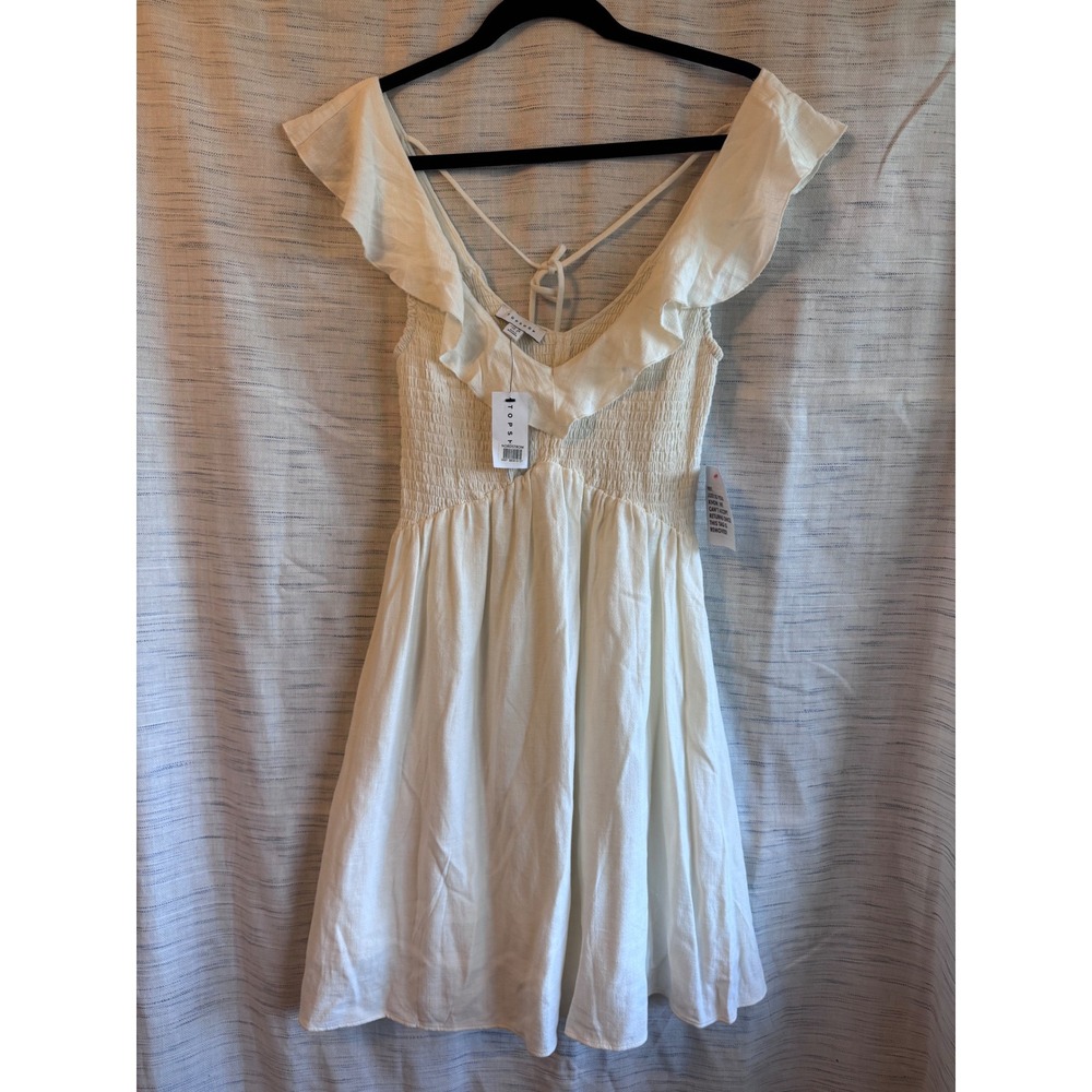Topshop White Smocked Ruffle Mini Dress Flutter Sleeve Tie Back Size 8 NWT